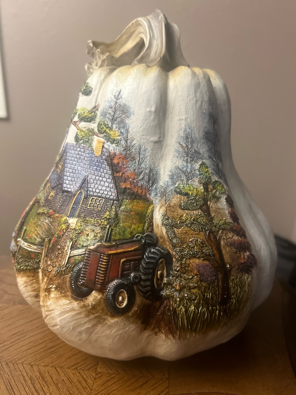 Hand Painted Folk Art Gourd - Primitive Country House / Farm Scene - Beautiful